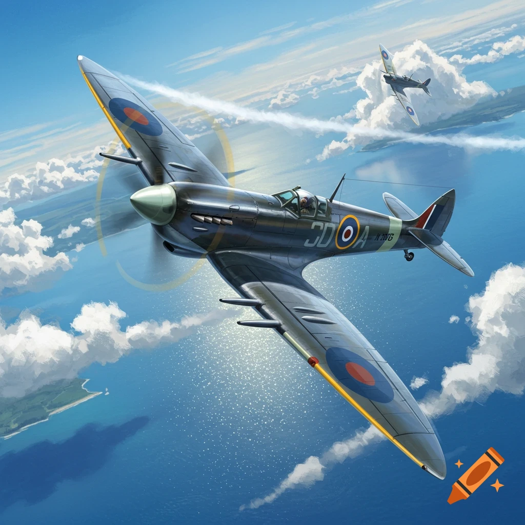 Two stylized Spitfire airplanes fly high above a sparkling blue ocean and white clouds, with land visible in the distance.