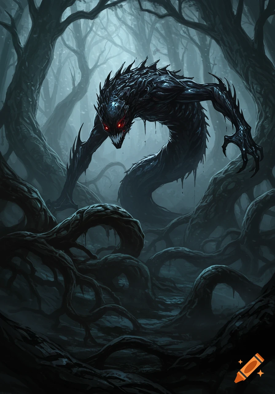A dark, spiky, serpentine monster with glowing red eyes emerges from a gloomy, twisted forest, digital painting style.