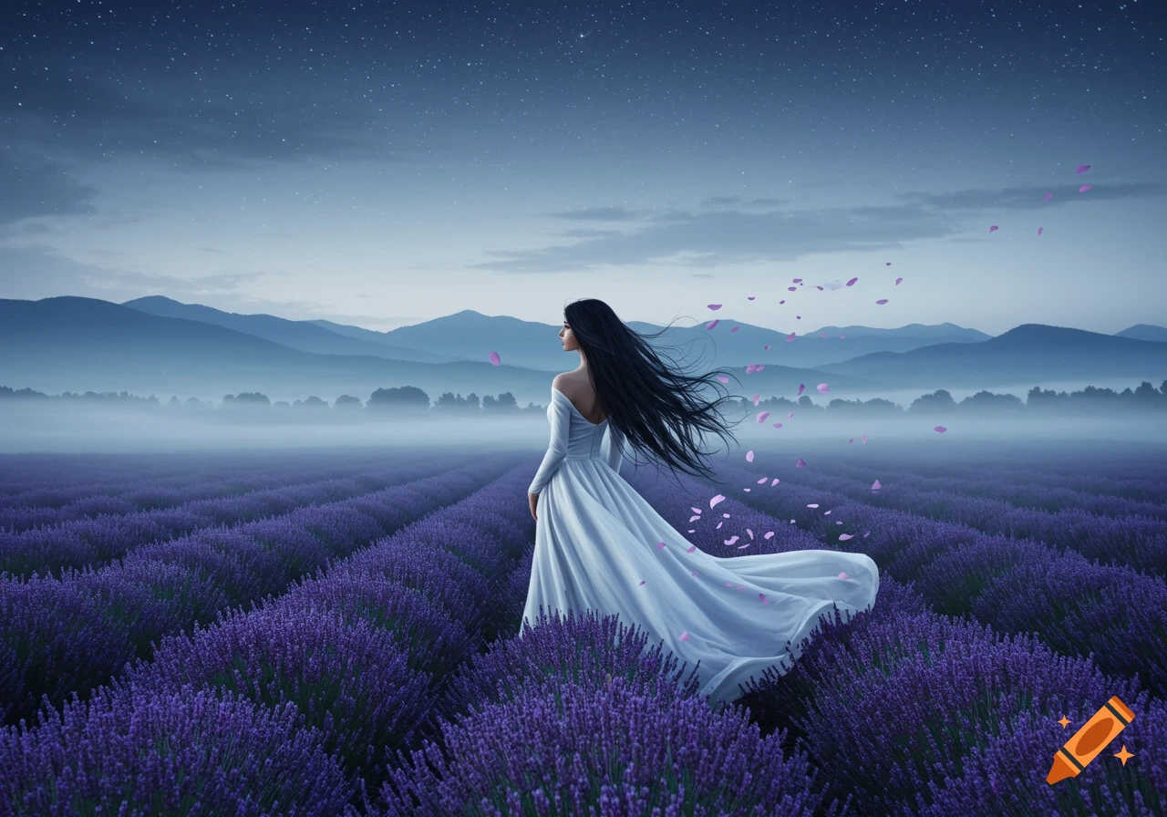 A woman in a flowing white dress stands in a vast lavender field at night, looking over her shoulder as pink petals float around her.
