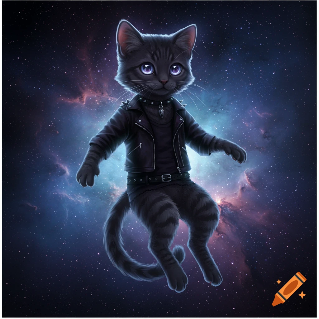 A stylized black tabby cat in a leather jacket and pants floats against a colorful cosmic nebula and stars.