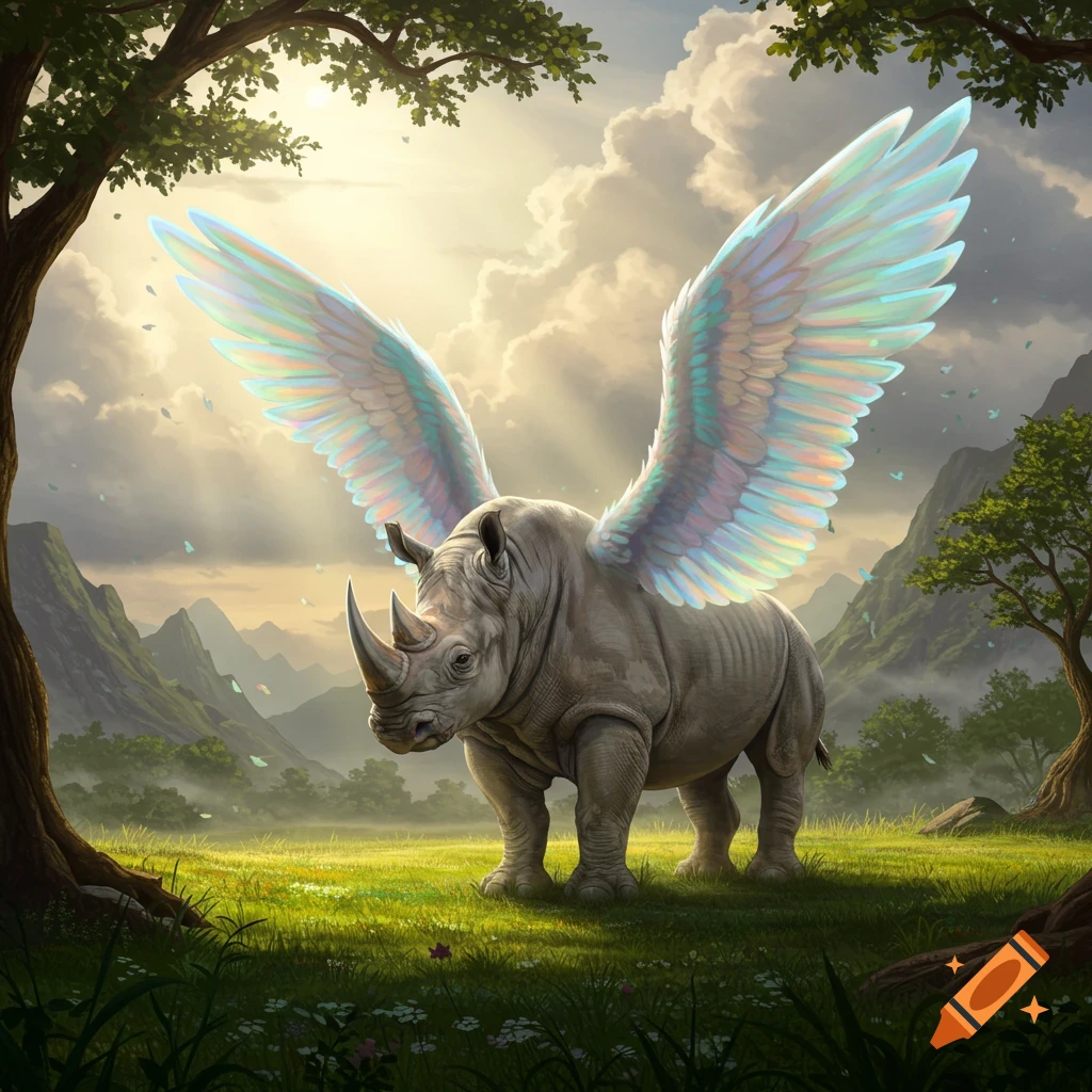 A majestic rhino with large, iridescent wings stands in a vibrant green field under a sunlit sky, surrounded by trees and mountains.