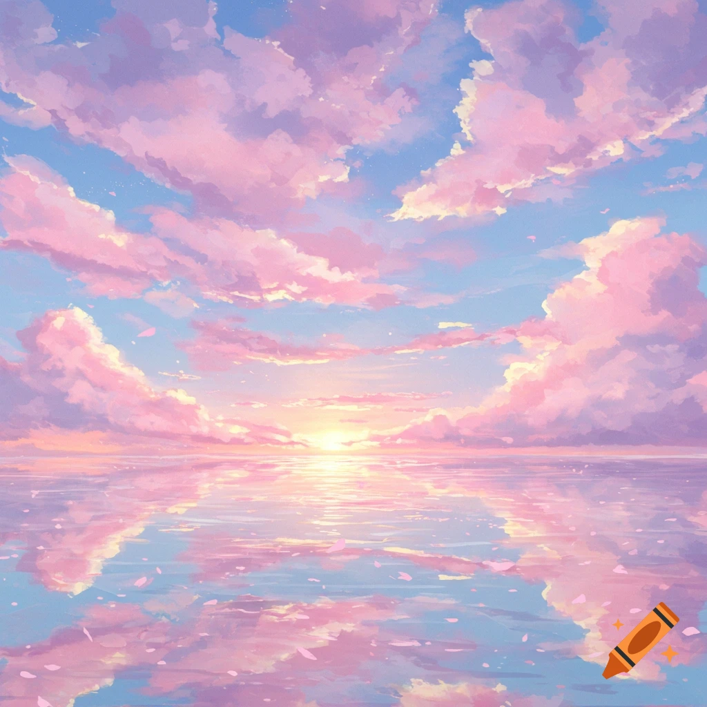 Anime-style landscape featuring a pastel pink and blue sky with fluffy clouds reflecting on calm water during sunrise.