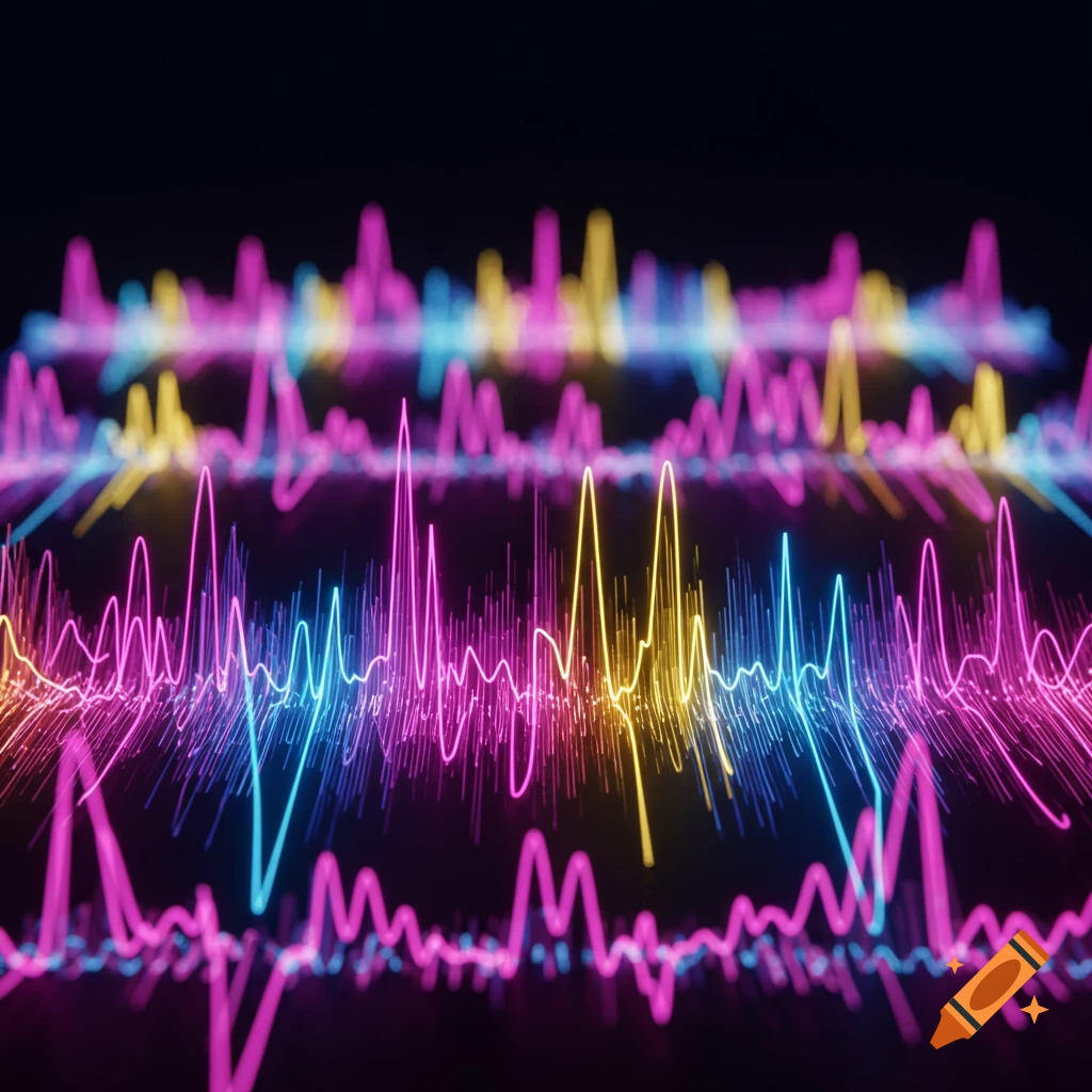 Vibrant neon pink, blue, and yellow sound waves and peaks on a dark background, resembling an audio spectrum visualizer.