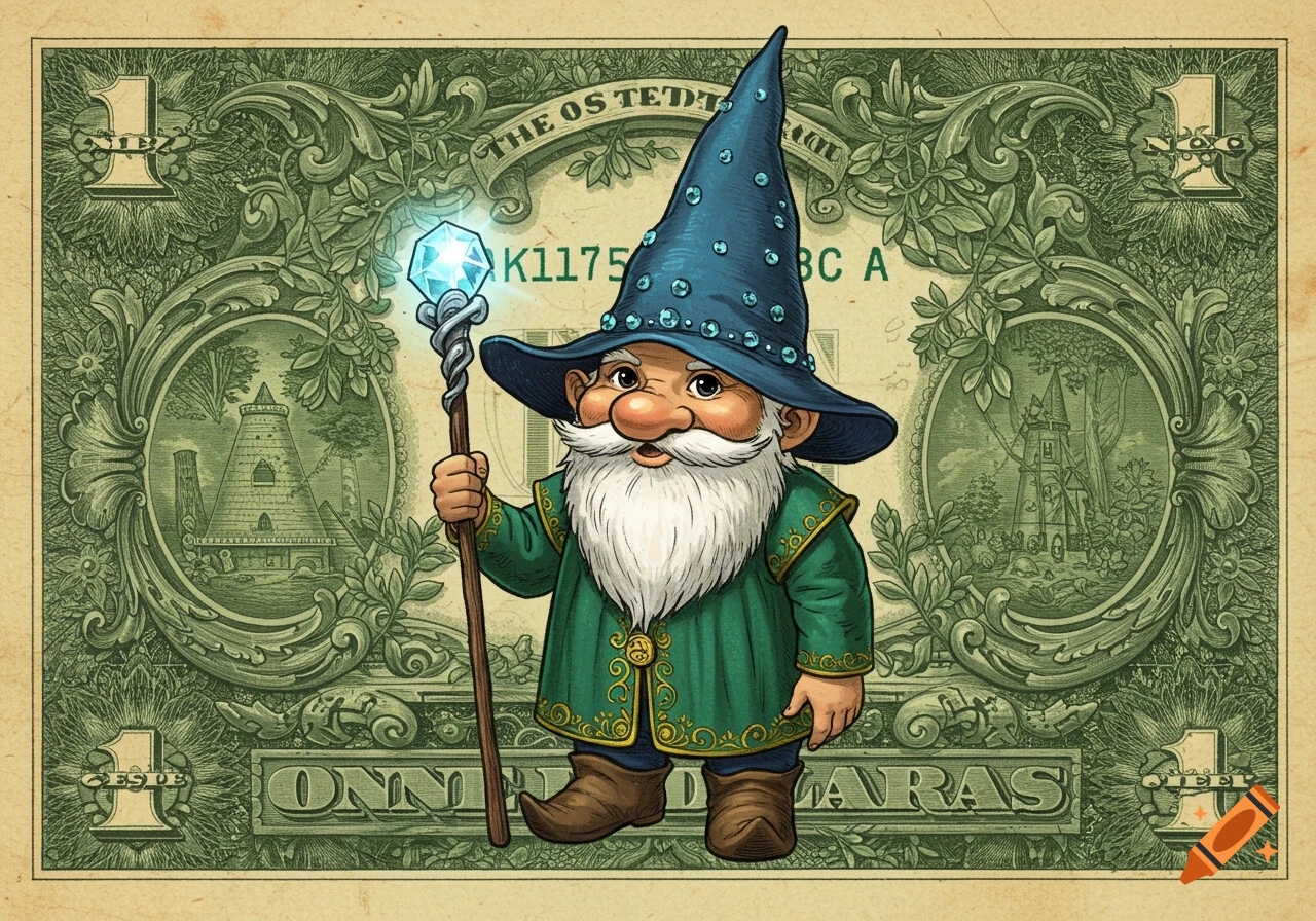 A cartoonish gnome in a blue wizard hat and green coat, holding a glowing staff, stands centered on an ornate green dollar bill.