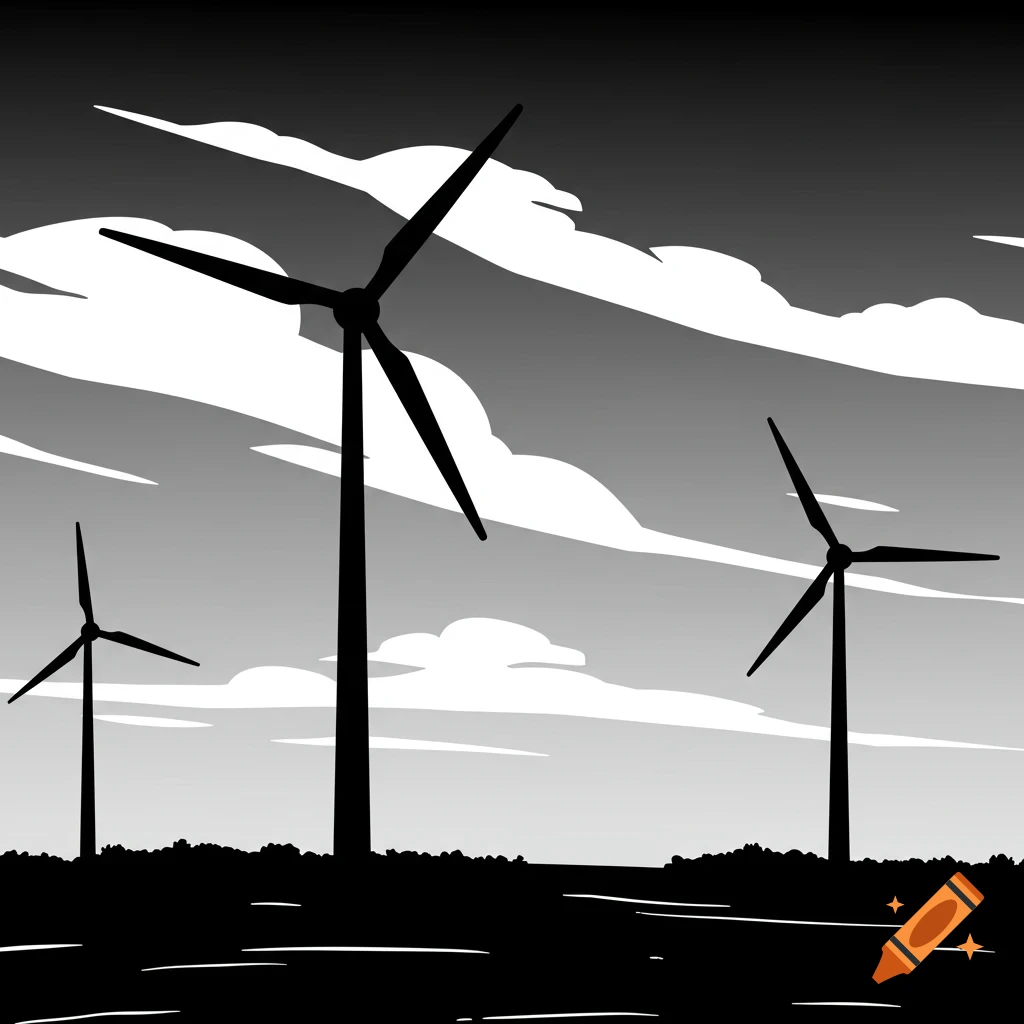 Three black silhouettes of modern windmills against a cloudy, black and white sky, in a vector art style.