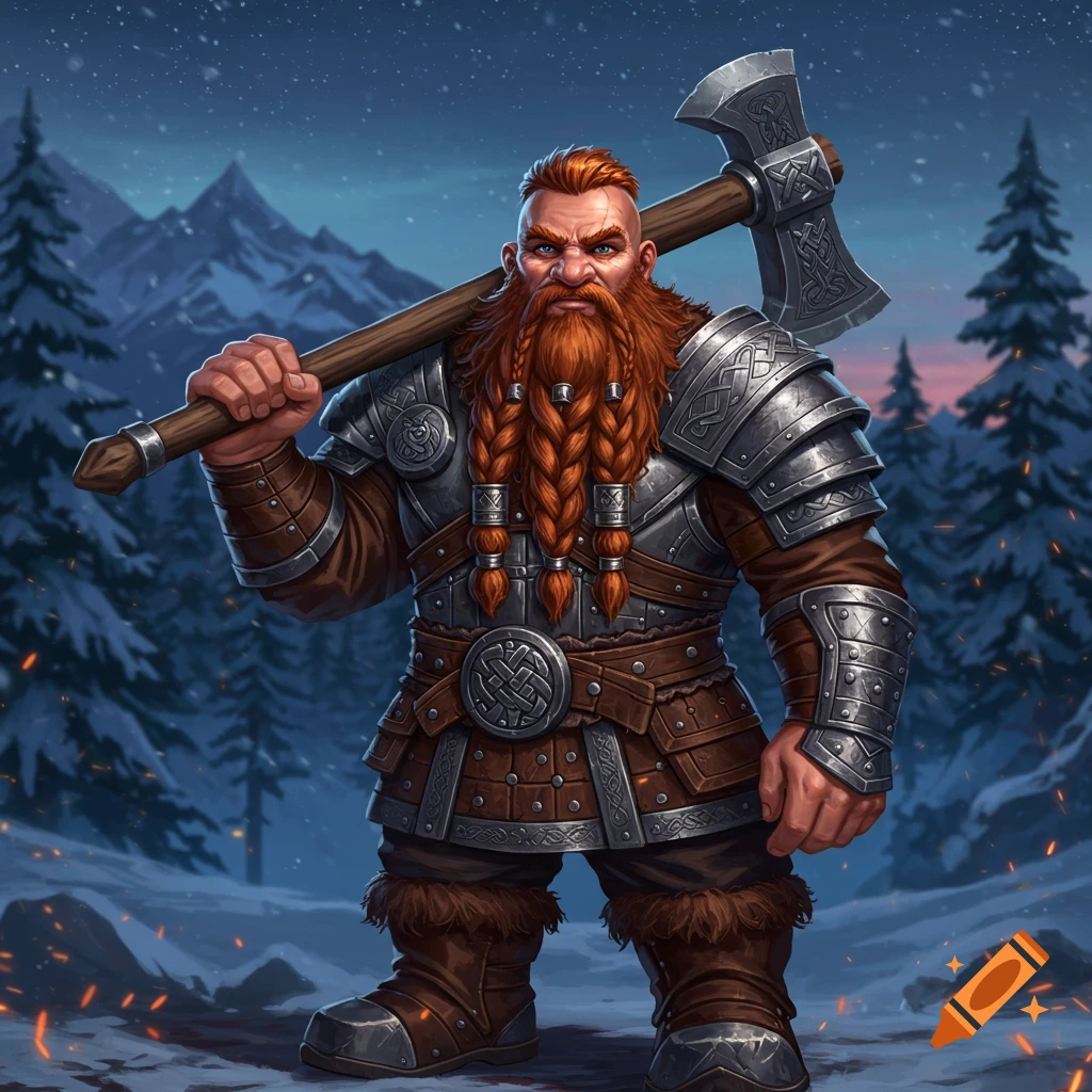 A red-bearded dwarf warrior in armor holds a large axe in a snowy winter forest at night, role-playing game style.