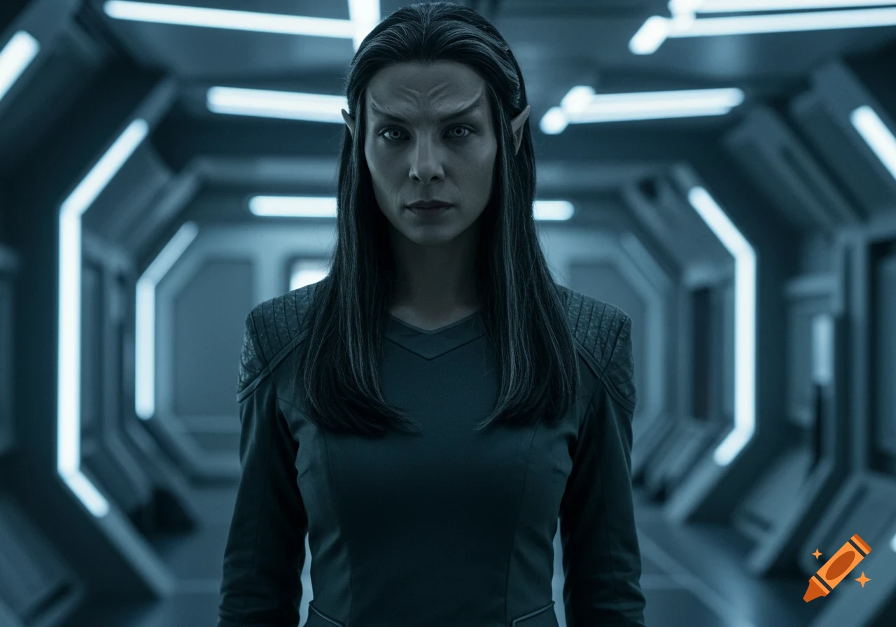 A serious woman with dark hair and pointed ears in a dark futuristic uniform stands in a sci-fi corridor.