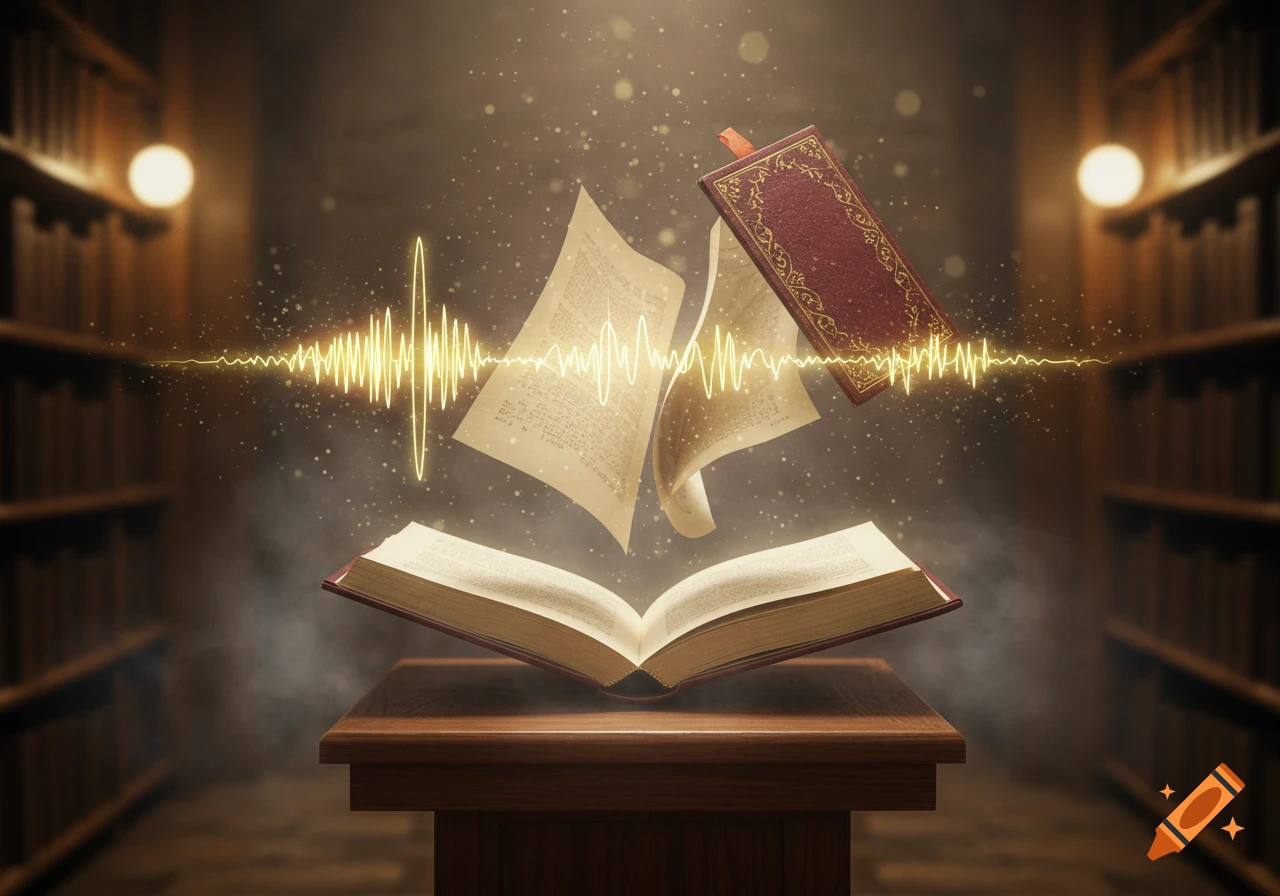 An open book on a wooden table in a dimly lit library with glowing pages, a closed book, and a magical golden sound wave floating above it.