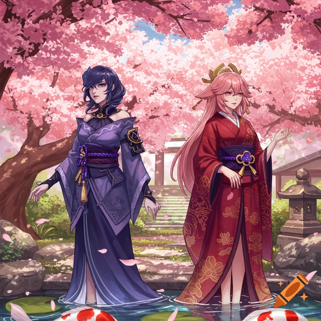 Two anime women in traditional Japanese kimonos stand in a pond with koi fish under a cherry blossom tree in a Japanese garden.