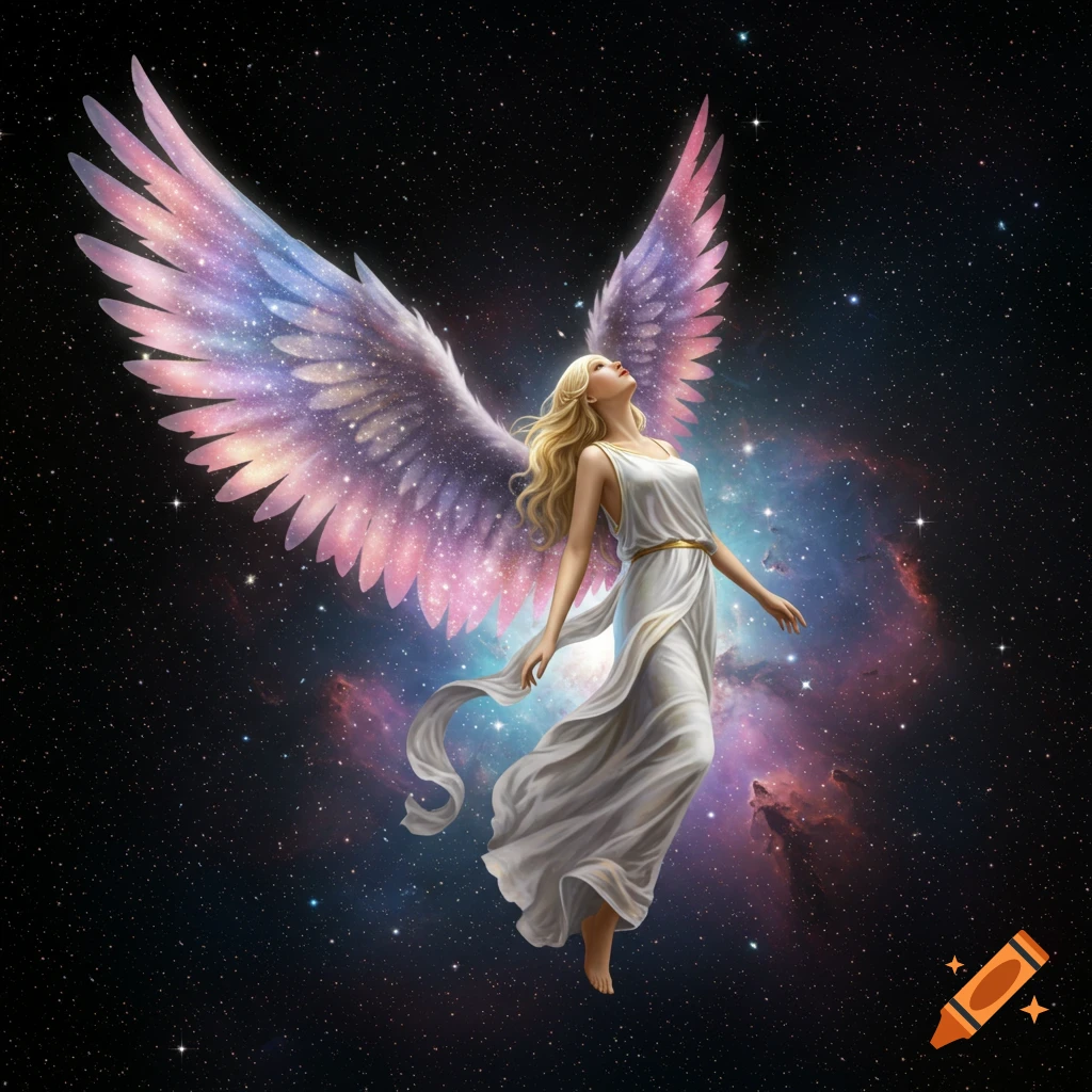 A radiant angel with large, colorful, nebula-patterned wings floats gracefully in a starry cosmic space.