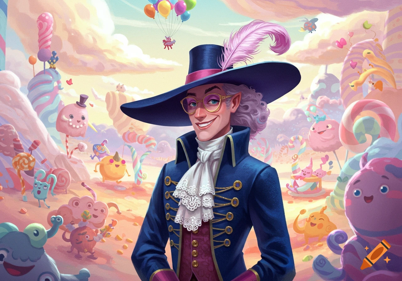 Whimsical illustration of a dandy character with pointed ears, glasses, and a feathered hat in a colorful candy land with cute creatures.