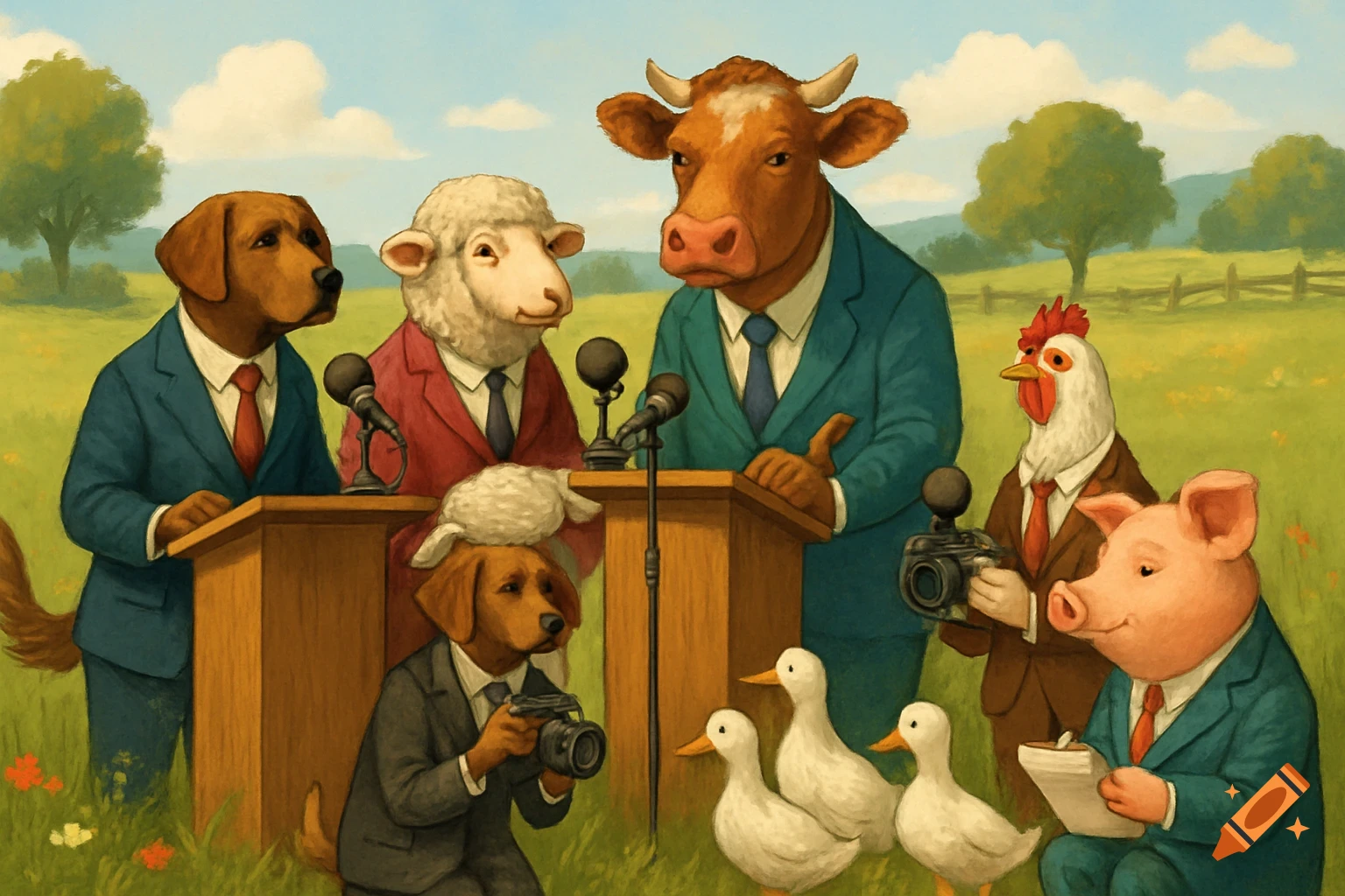 Anthropomorphic farm animals, including a dog, sheep, cow, chicken, pig, and ducks, hold a press conference in a field, wearing suits.