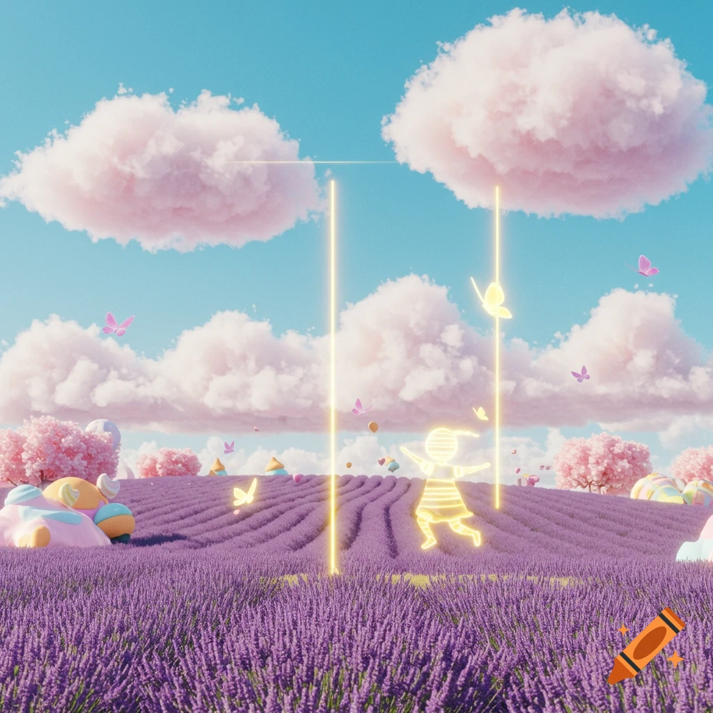 A whimsical lavender field under a sky with pink clouds, featuring a glowing outline of a person on a swing and butterflies.