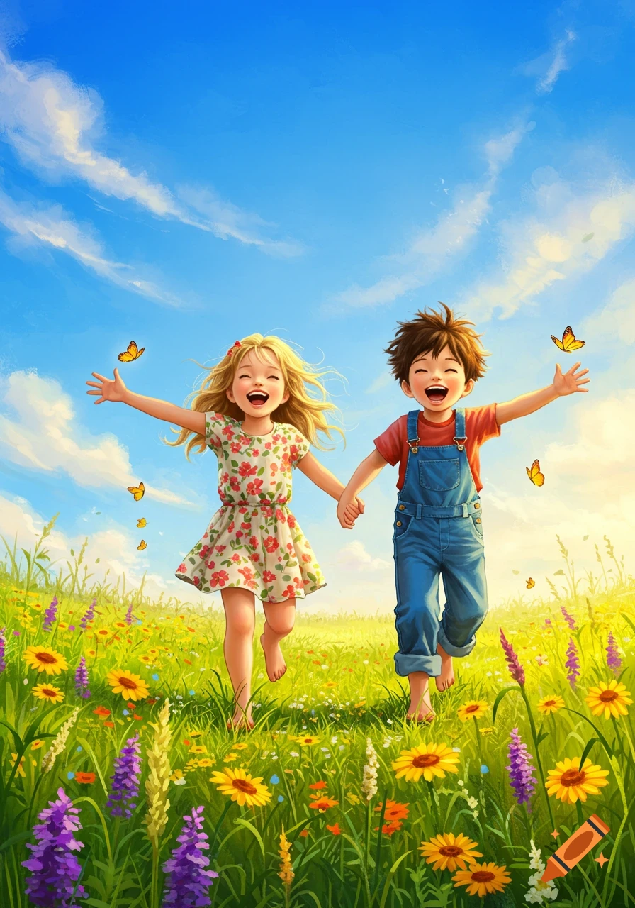 A cheerful illustration of a boy and girl running happily through a vibrant wildflower meadow under a sunny blue sky.