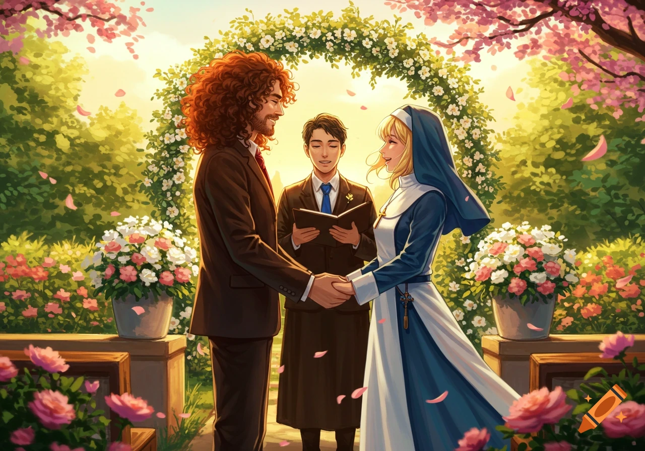 A man with curly hair and a woman in a nun's habit hold hands at a wedding ceremony in a flower garden, officiated by a third person in an anime style.