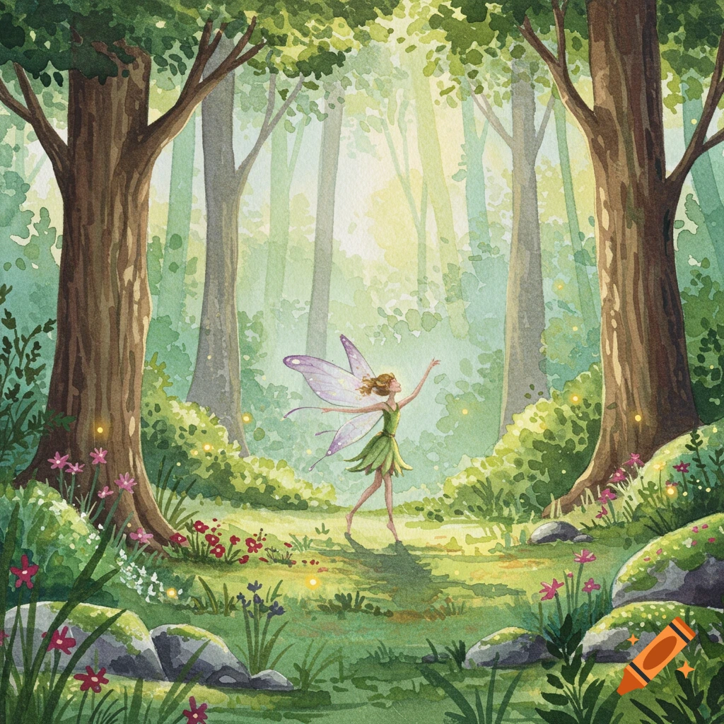 A watercolor illustration of a small fairy with purple wings dancing in a sunlit forest clearing, surrounded by trees and wildflowers.