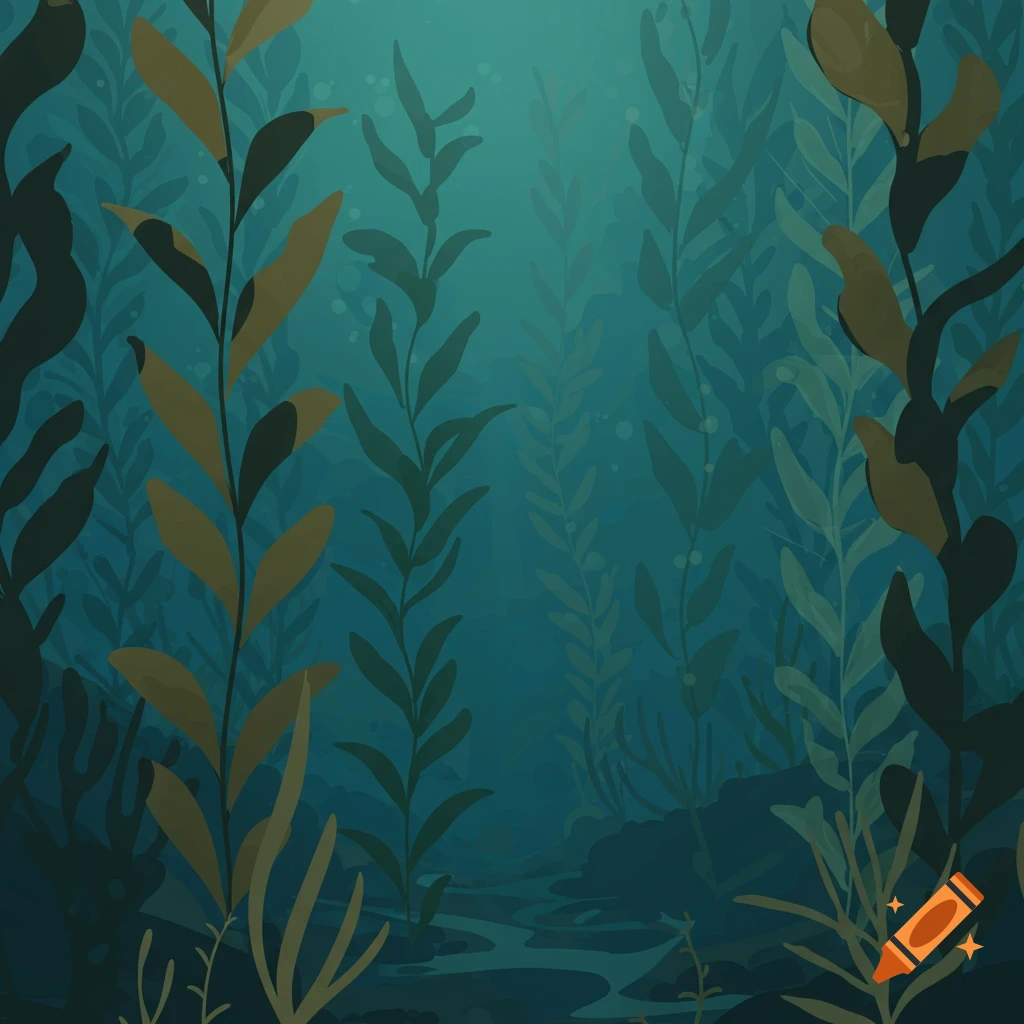 Stylized illustration of an underwater kelp forest with tall green and brown plants reaching towards a light surface.