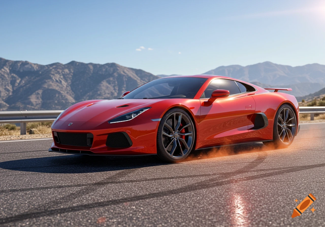 A shiny red sports car speeds on an asphalt road with mountains in the background under a clear sky, photorealistic.