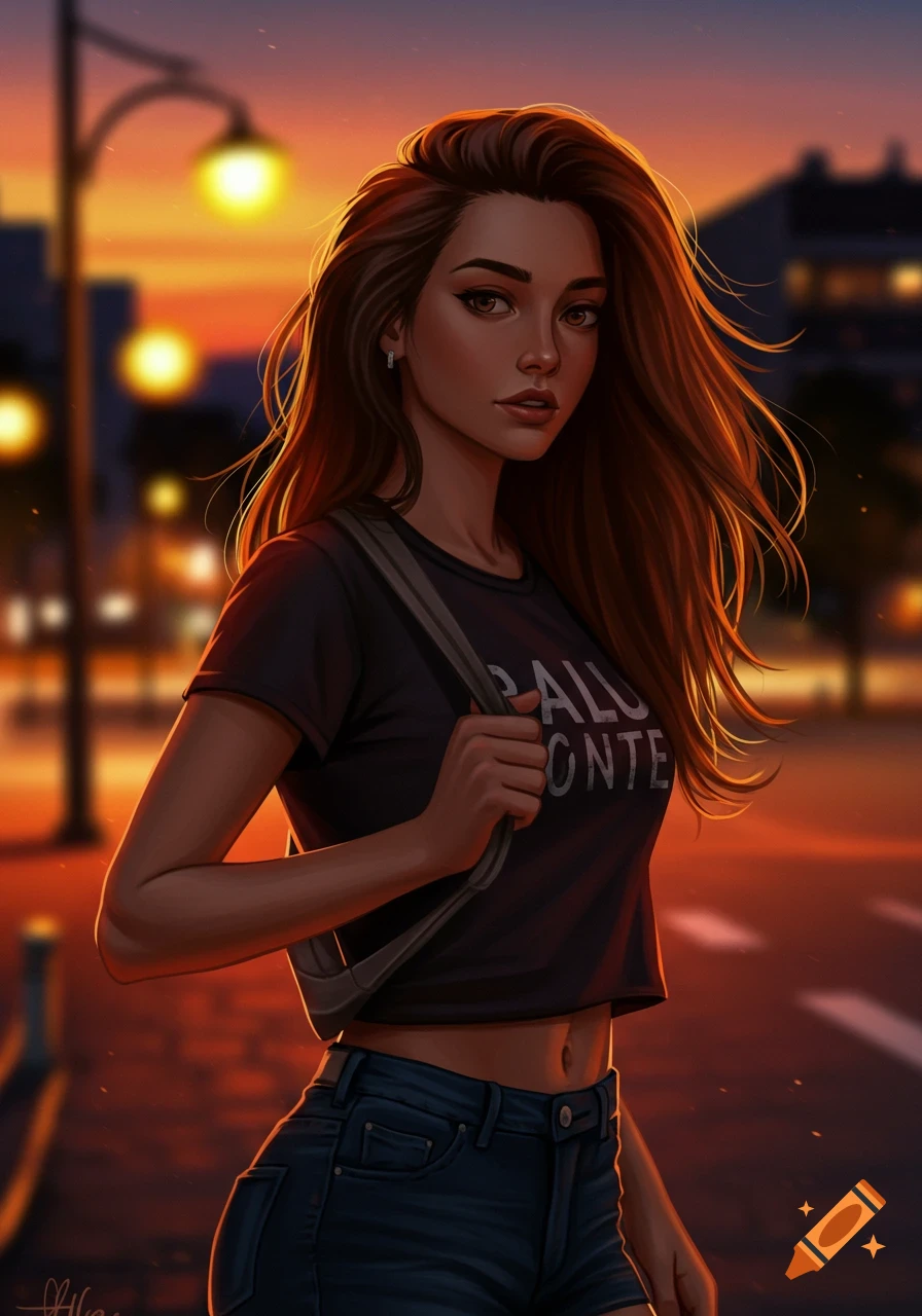 Digital art portrait of a young woman with long brown hair, wearing a black crop top and denim shorts, on a city street at sunset.