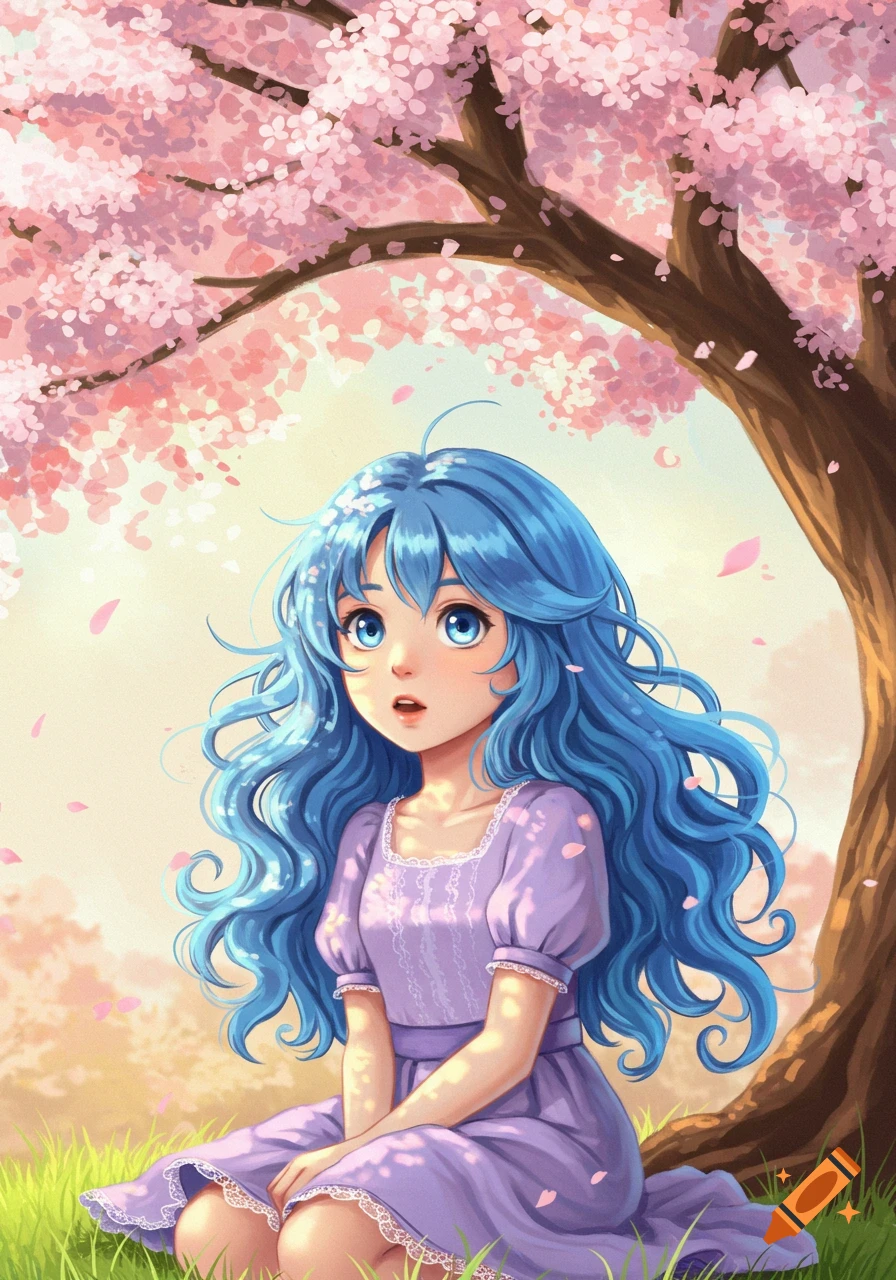 Anime girl with blue hair and a purple dress sitting under a cherry blossom tree.