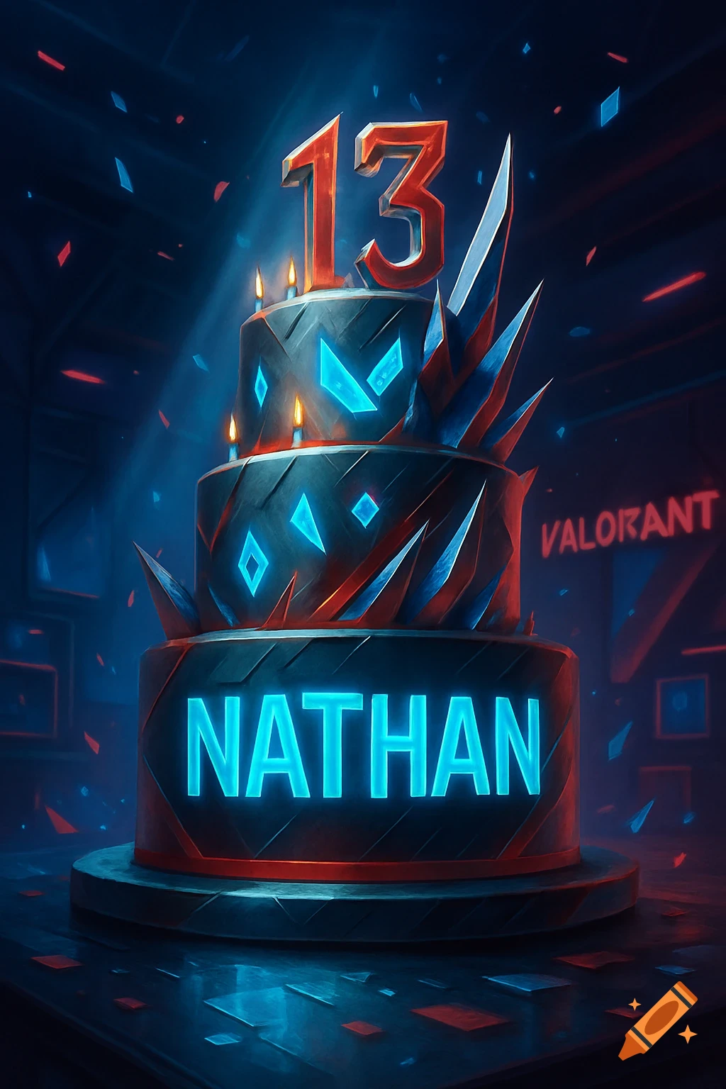 A three-tiered Valorant-themed birthday cake with the number 13 and the name NATHAN, glowing with blue and red light. Digital art.