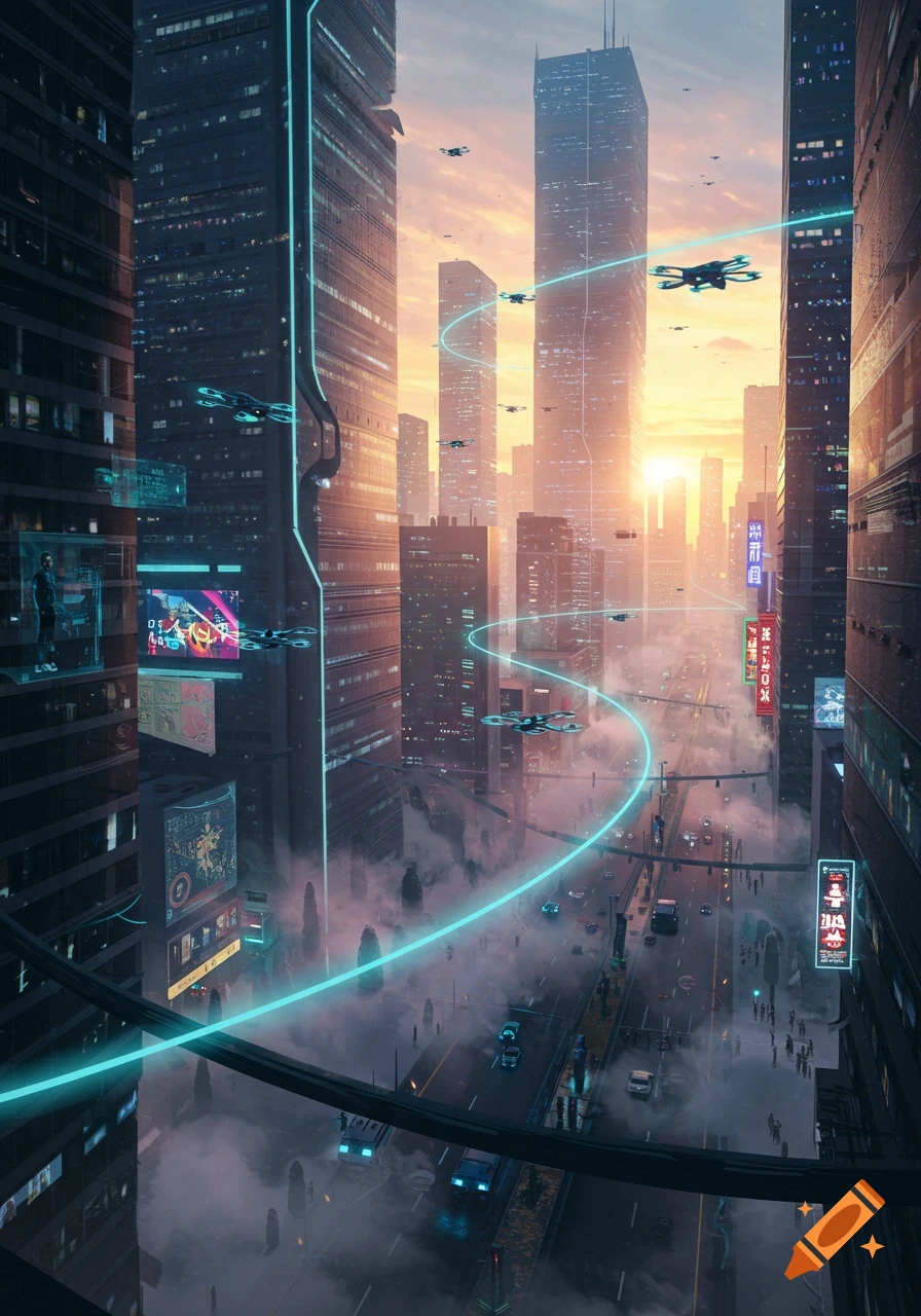 A vibrant futuristic city at sunset with towering skyscrapers, glowing neon lines, drones, and a busy street below.
