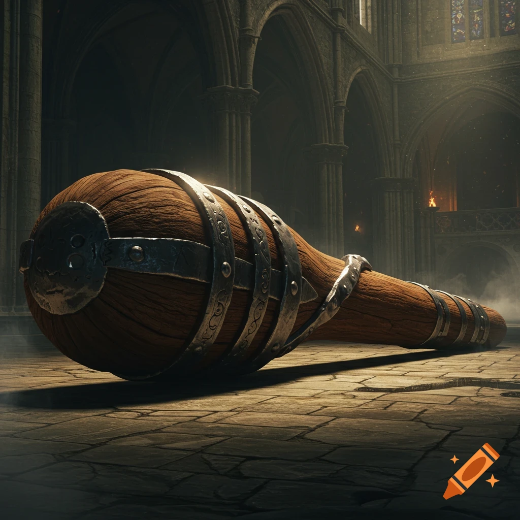 A massive wooden and iron club weapon lies on a stone floor in a grand, dark cathedral hall, bathed in dramatic light.