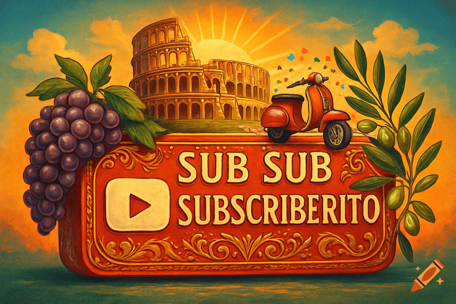 An Italian-themed illustration of a YouTube subscribe button with 'SUB SUB SUBSCRIBERITO' text, Colosseum, Vespa, grapes, and olive branch.