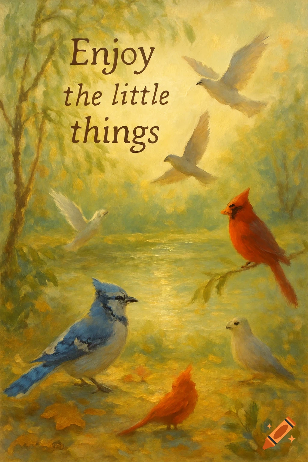 Impressionistic painting of various birds (blue jay, cardinal, white birds) in a sunlit natural landscape, with the text 'Enjoy the little things'.