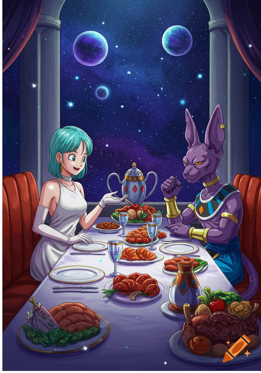 Anime style illustration of Bulma and Beerus from Dragon Ball having a luxurious dinner under a window view of planets and stars.