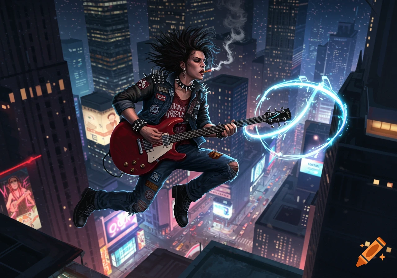 A stylized rockstar with spiky hair, wearing a studded jacket and ripped jeans, plays a red electric guitar while jumping above a futuristic city at night, with a glowing blue effect around the guitar. They are smoking a cigarette.