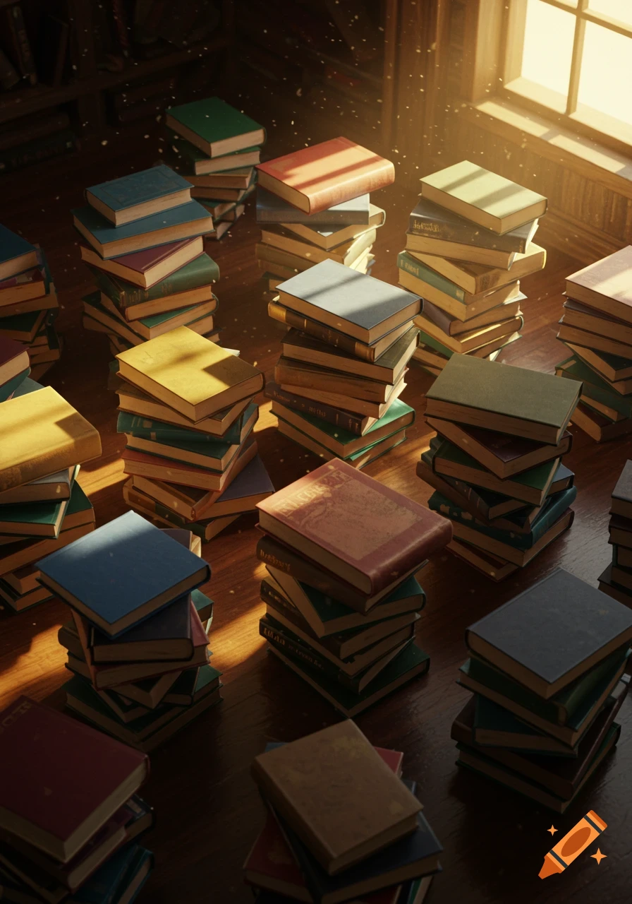 Stacks of colorful old books on a wooden floor, lit by sunlight from a window, with dust motes floating in the air.