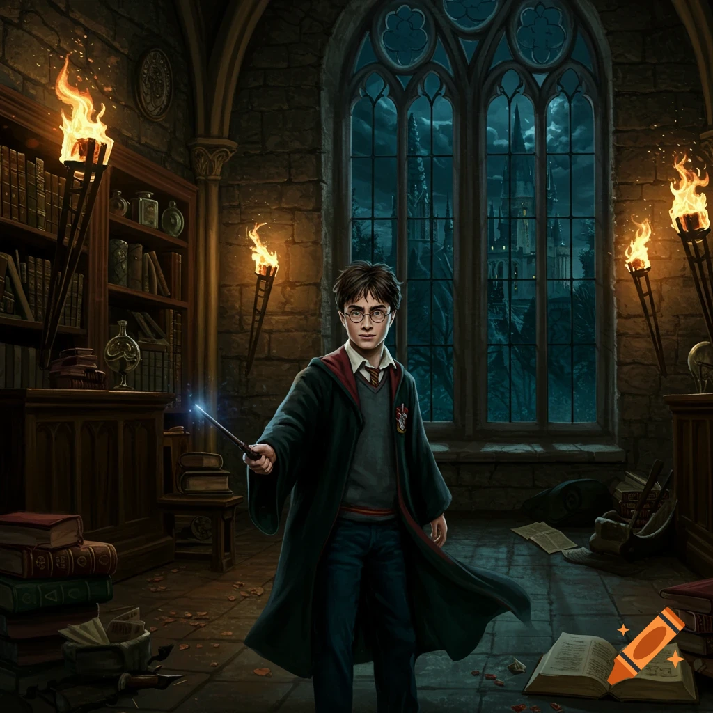 A young wizard, resembling Harry Potter, stands in a torch-lit stone chamber, holding a glowing wand.