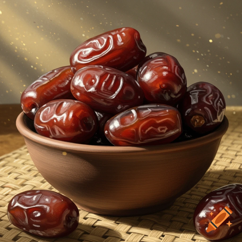 Close-up of glossy reddish-brown dates in a brown bowl on a woven mat, illuminated by golden light.