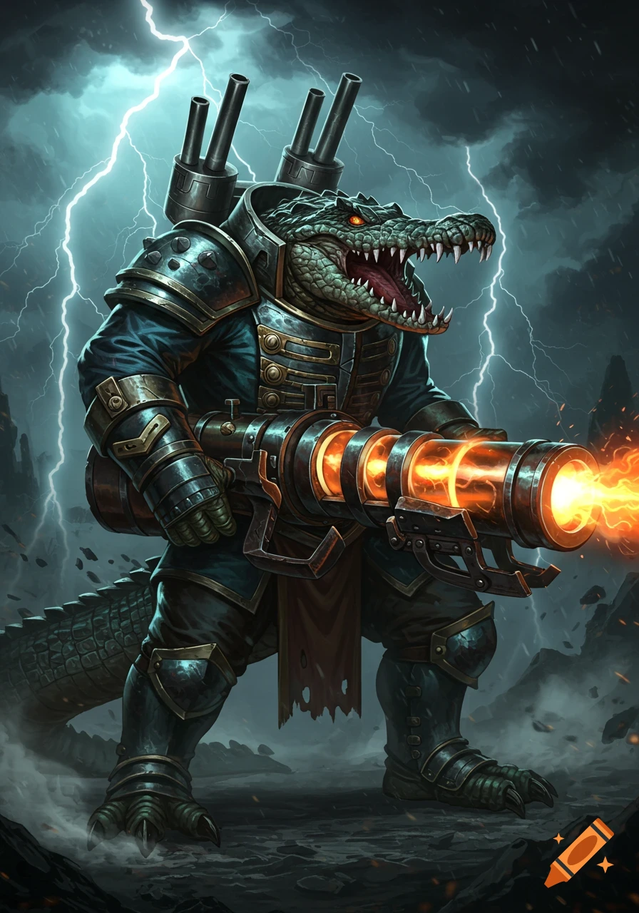 A detailed illustration of an armored crocodile monster firing a large energy weapon during a lightning storm.