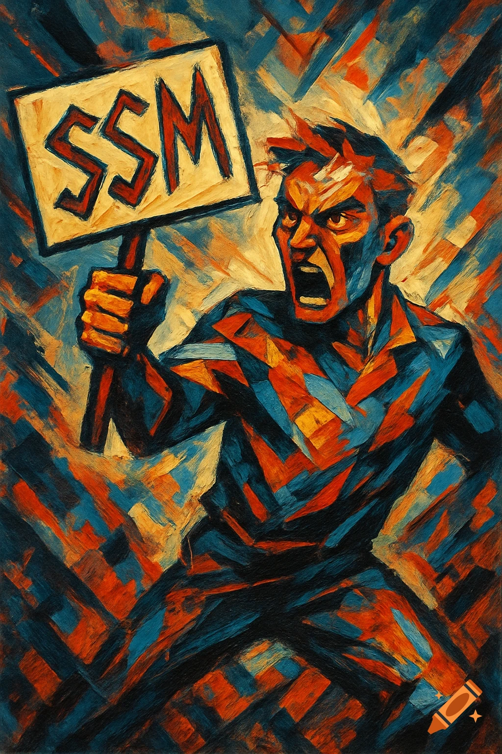 Abstract expressionist painting of an angry man in blue and orange, holding a protest sign reading 'SSM'.