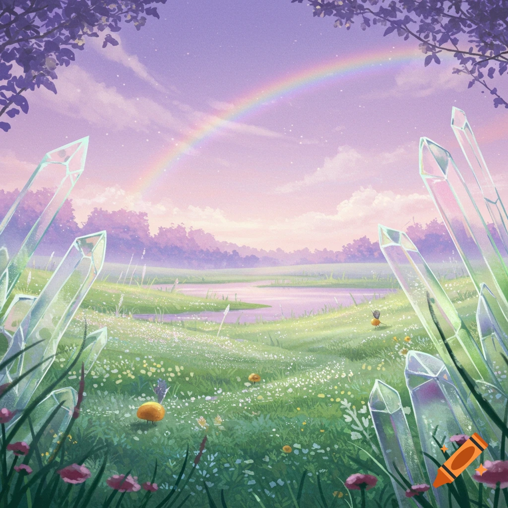 A dreamy, elegant landscape with large crystals, a pond, a field of flowers, and a rainbow in a purple sky.