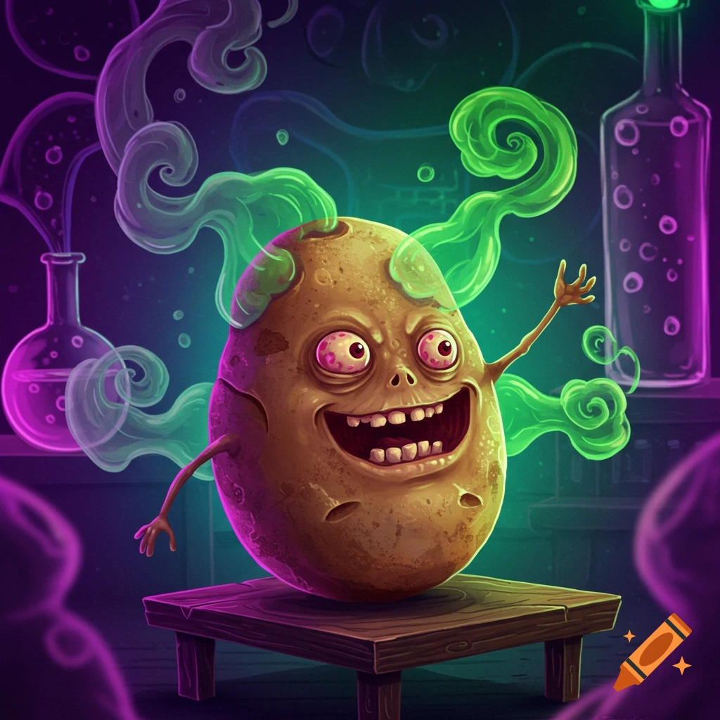 A vibrant, cartoonish illustration of a grinning potato with red eyes, surrounded by green and purple smoke, in a lab.