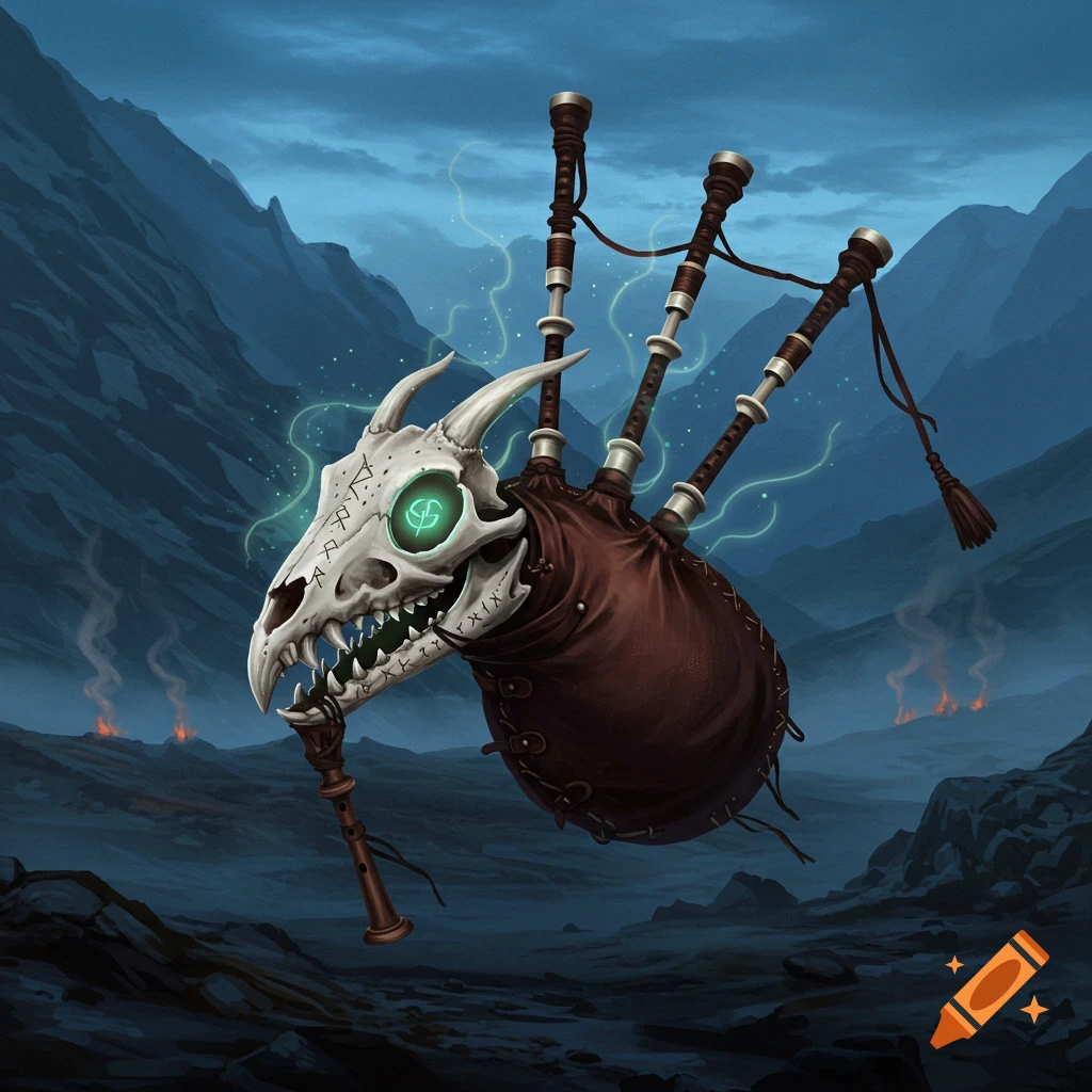 A fantasy illustration of a bagpipe made from a dragon skull with glowing green eye and runes, in a dark mountain landscape.