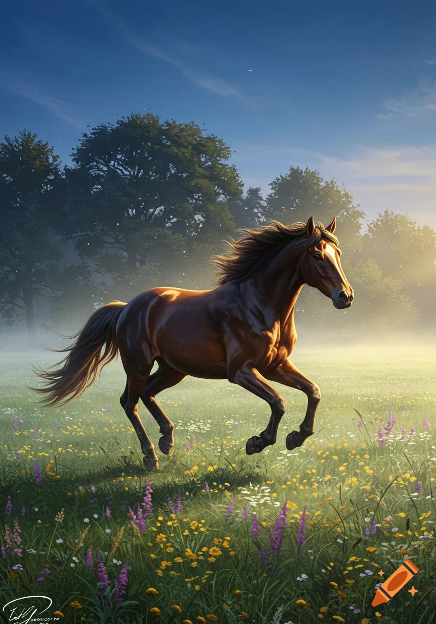 A brown horse with a white blaze galloping through a vibrant, flower-filled meadow at sunrise, with misty trees in the background.