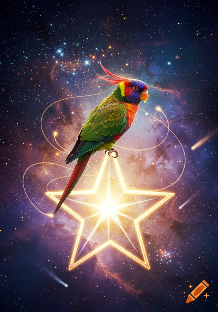 A vibrant rainbow lorikeet parrot perches on a glowing outline of a star, set against a twinkling cosmic galaxy.