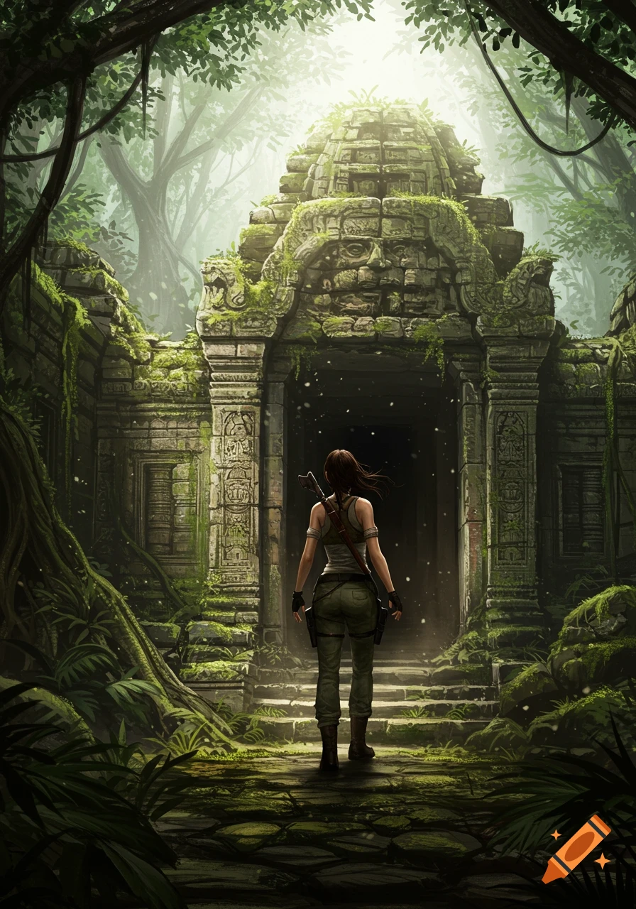 Female adventurer stands before overgrown ancient jungle ruins, light glowing from the entrance.