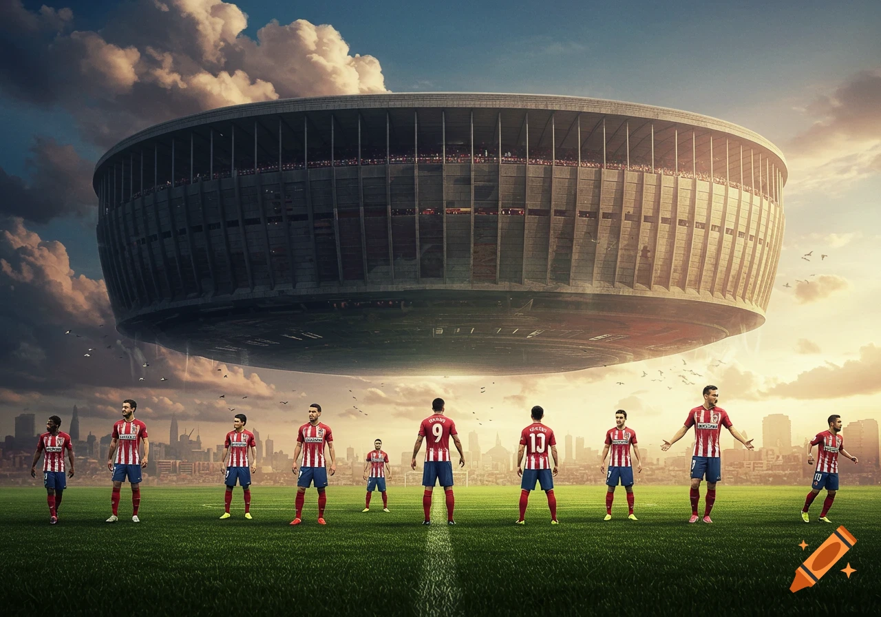 Soccer players in red and white jerseys stand on a green field under a giant, futuristic stadium floating in the sky. A city skyline is in the background.