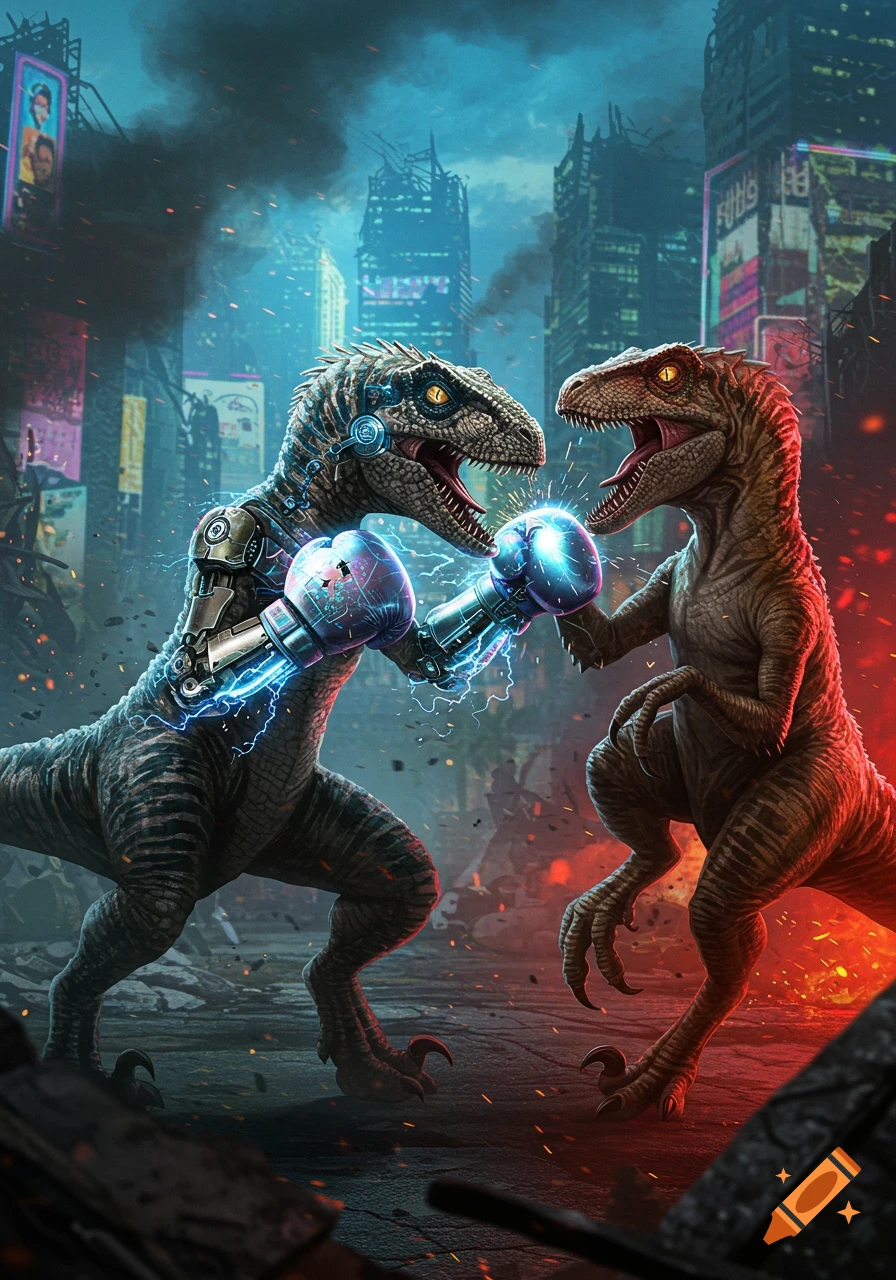 Two raptors, one with cybernetic boxing gloves, fight in a chaotic, futuristic city at night.