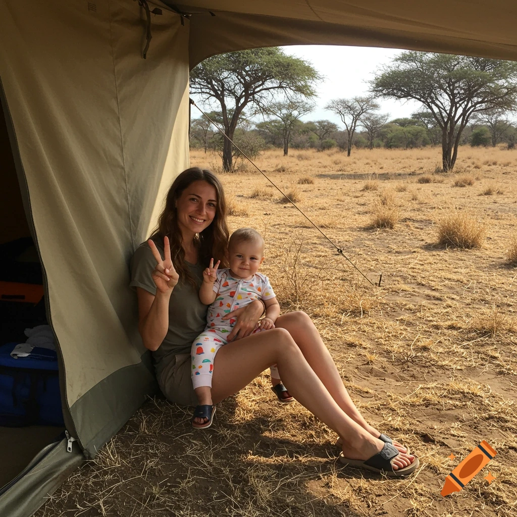 A woman and a baby sit near a tent in an arid African landscape, both giving peace signs.