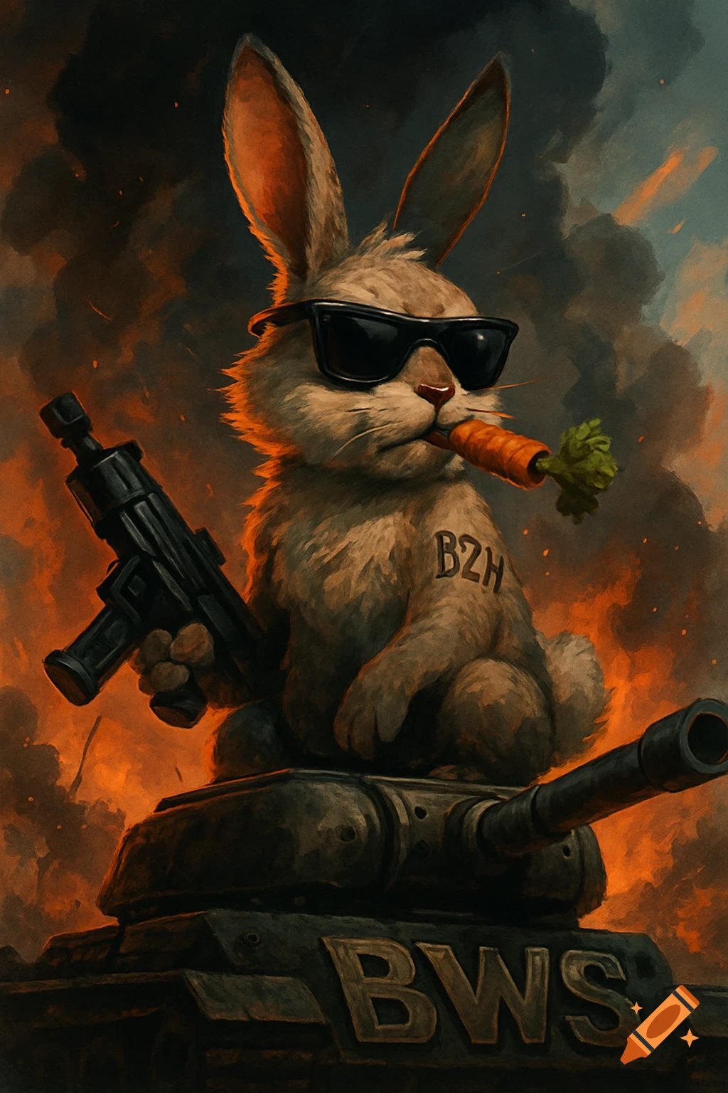 An anthropomorphic rabbit with sunglasses smokes a carrot, holds a gun, and sits on a tank marked BWS amidst a war scene.