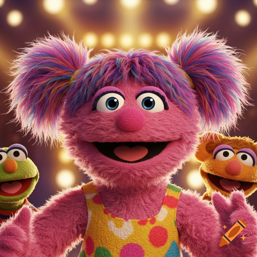 Abby Cadabby in the foreground, smiling with Elmo and another Muppet behind her on a bright stage.