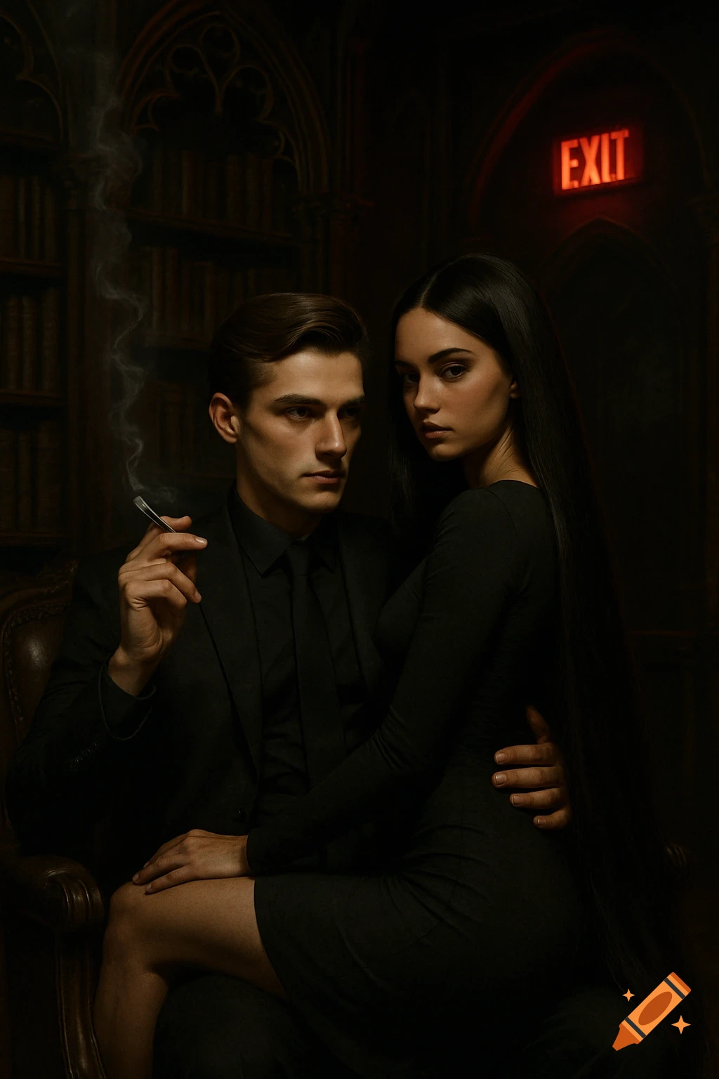 A photorealistic image of a man and woman in black attire. The woman sits on the man's lap in a dimly lit gothic library. The man holds a lit cigarette, and a red "EXIT" sign glows in the background.