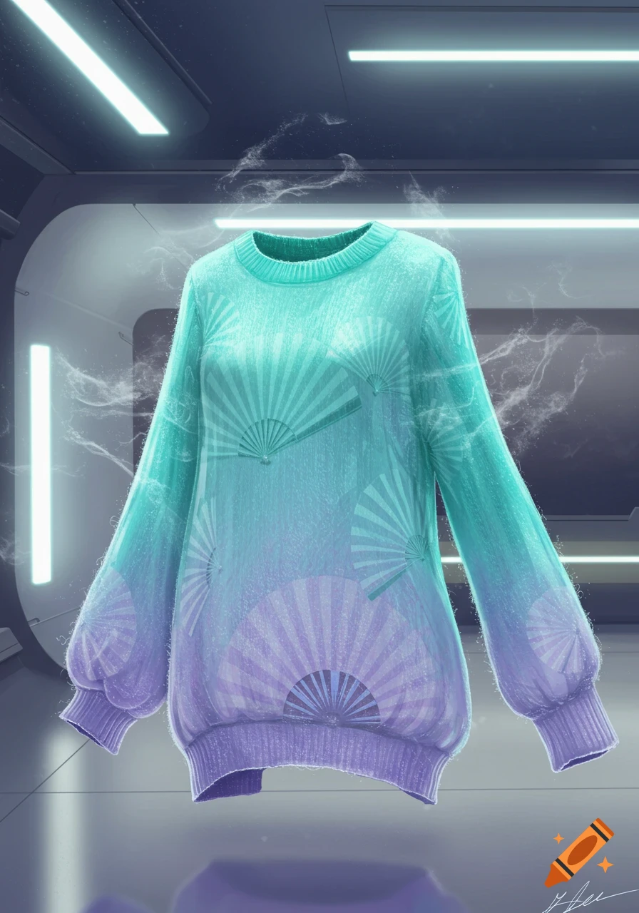 A gradient teal and purple sweater with fan patterns floats in a futuristic, neon-lit room.
