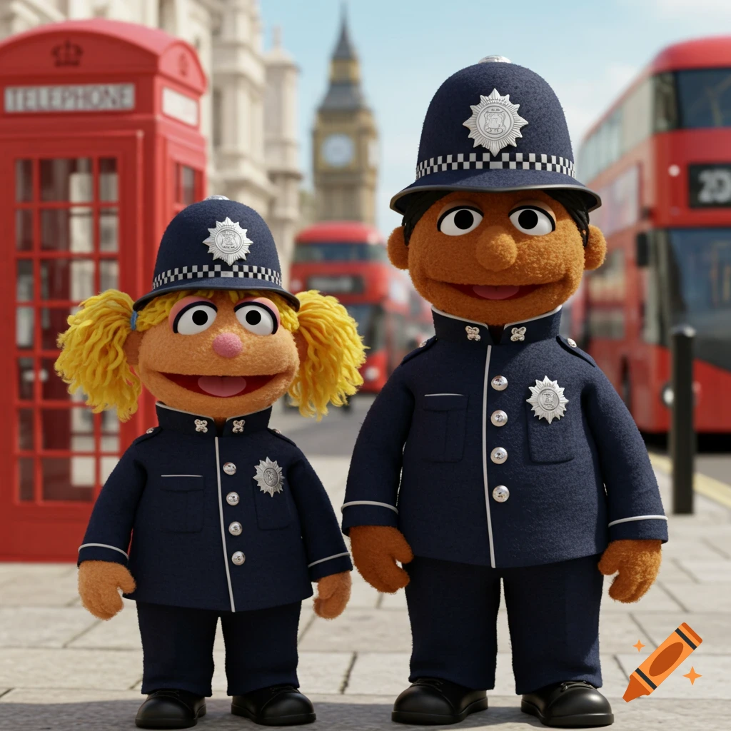 Two muppet-like English police officers, a blonde girl and a brown-skinned person, stand in London with a red phone booth and buses.
